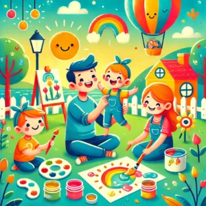 A playful and heartwarming illustration of a parent and child engaging in creative activities like painting and playing outdoors together